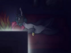 Size: 1080x810 | Tagged: safe, artist:ash_helz, oc, oc only, species:pony, species:unicorn, beer bottle, couch, horn, indoors, lying down, solo, television, unicorn oc