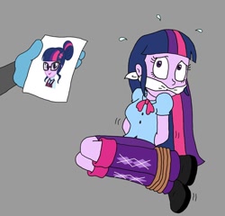 Size: 912x876 | Tagged: safe, artist:bugssonicx, character:twilight sparkle, character:twilight sparkle (scitwi), species:eqg human, my little pony:equestria girls, arm behind back, blouse, bondage, boots, bound and gagged, cloth gag, clothing, female, gag, glasses, kidnapped, looking offscreen, mistaken identity, offscreen character, photo, rope, rope bondage, scared, shoes, skirt, solo focus, tied up