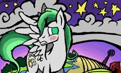 Size: 854x512 | Tagged: safe, artist:dreamyskies, oc, oc only, oc:dreamer skies, species:pegasus, species:pony, abstract art, abstract background, blushing, cartoon, cloud, dream, fields, flying, looking at you, modern art, nale, scenery, shy, solo, stars