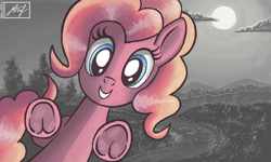 Size: 854x512 | Tagged: safe, artist:dreamyskies, character:pinkie pie, species:pony, black and white, female, fourth wall, frog (hoof), grayscale, grayscale background, hooves, looking at you, mare, monochrome, scenery, smiling, smiling at you, underhoof
