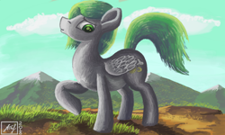 Size: 854x512 | Tagged: safe, artist:dreamyskies, oc, oc:dreamer skies, species:pegasus, species:pony, calmness, grass, happy, looking at you, male, mountain, pose, raised tail, scenery, stallion, tail
