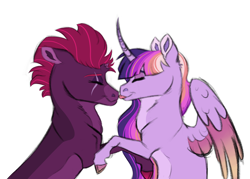 Size: 3920x2811 | Tagged: safe, artist:venommocity, character:tempest shadow, character:twilight sparkle, character:twilight sparkle (alicorn), species:alicorn, species:pony, ship:tempestlight, female, lesbian, nuzzling, shipping, simple background, white background