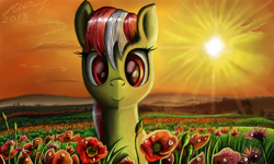 Size: 854x512 | Tagged: safe, artist:dreamyskies, oc, oc only, species:earth pony, species:pony, 3ds, beautiful, complex background, detailed, earth pony oc, flower, fourth wall, looking at you, nature, poppy (flower), scenery, scenery porn, smiley face, solo, sunset
