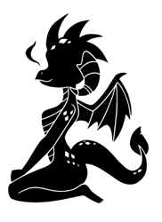 Size: 861x1185 | Tagged: safe, artist:timmy_22222001, edit, character:princess ember, species:anthro, species:dragon, decal, female, kneeling, silhouette, simple background, solo, tattoo, transparent background