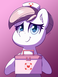 Size: 1500x2000 | Tagged: safe, artist:esfelt, character:nurse redheart, species:earth pony, species:pony, clothing, cute, ear fluff, female, hat, looking at you, mare, medkit, nurse hat, pink background, signature, simple background, smiling, solo