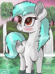 Size: 512x680 | Tagged: safe, artist:dreamyskies, oc, species:pegasus, species:pony, bust, complex background, in water, looking up, pegasus oc, portrait, standing, water, waterfall, wings