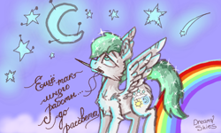 Size: 854x512 | Tagged: safe, artist:dreamyskies, oc, oc only, oc:dreamer skies, species:pegasus, species:pony, abstract background, cyrillic, dream, looking up, male, needle, needle felted, night, pegasus oc, quick draw, rainbow, russian, solo, stallion, standing, stars, wings