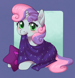 Size: 3356x3500 | Tagged: safe, artist:taytinabelle, character:sweetie belle, species:pony, species:unicorn, g4, blanket, cute, diasweetes, ear fluff, female, filly, looking at you, mare, mouth hold, pillow, simple background, smiling, solo, unshorn fetlocks