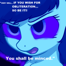 Size: 1920x1920 | Tagged: safe, artist:mellow91, artist:smoldix, edit, oc, oc only, oc:filly anon, oc:tempesta, black background, bust, chest fluff, close-up, cropped, dialogue, female, filly, frown, furrowed brow, glowing eyes, open mouth, possessed, simple background, solo, text, white text