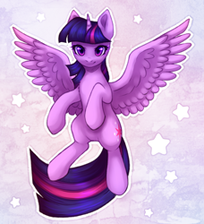 Size: 2200x2408 | Tagged: safe, artist:avrameow, character:twilight sparkle, character:twilight sparkle (alicorn), species:alicorn, species:pony, g4, abstract background, female, flying, horn, looking at you, mare, solo, spread wings, stars, wings