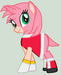 Size: 460x564 | Tagged: safe, artist:twidashfan1234, species:pony, species:unicorn, amy rose, cursed image, dialogue, gray background, ponified, simple background, sonic the hedgehog (series), speech bubble
