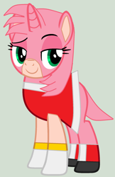 Size: 1200x1848 | Tagged: safe, artist:twidashfan1234, species:pony, species:unicorn, amy rose, cursed image, gray background, ponified, simple background, sonic the hedgehog (series), species swap