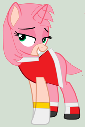 Size: 1736x2568 | Tagged: safe, artist:twidashfan1234, species:pony, species:unicorn, amy rose, cursed image, gray background, ponified, simple background, sonic the hedgehog (series), species swap