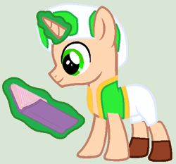 Size: 476x444 | Tagged: safe, artist:boringbases, artist:twidashfan1234, base used, species:pony, species:unicorn, book, clothing, colt, crossover, glowing horn, green, green toad, hat, horn, male, mushroom hat, ponified, super mario bros., toad, toad (mario bros)