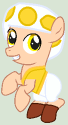 Size: 166x306 | Tagged: safe, artist:shorthilt-adopts, artist:twidashfan1234, base used, species:earth pony, species:pony, clothing, colt, crossover, hat, male, mushroom hat, ponified, super mario bros., toad, toad (mario bros), yellow, yellow toad
