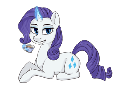 Size: 1637x1150 | Tagged: safe, artist:haruhi-il, character:rarity, species:pony, species:unicorn, g4, cup, eyeshadow, female, glowing horn, horn, looking at you, magic, makeup, mare, smiling, teacup