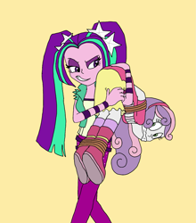 Size: 1449x1644 | Tagged: safe, artist:bugssonicx, character:aria blaze, character:sweetie belle, g4, my little pony:equestria girls, blouse, bondage, boots, bound and gagged, carrying, cloth gag, clothing, cute, disguise, disguised siren, duo, female, femsub, gag, hairclip, headband, jacket, kidnapped, pants, pigtails, rope, scared, shirt, shoes, skirt, smiling, smirk, socks, submissive, sweetiesub, tied up, twintails, walking