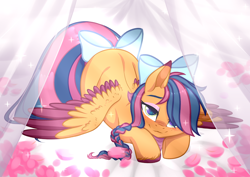 Size: 920x652 | Tagged: safe, artist:sparkling_light, oc, oc only, oc:solar comet, species:pegasus, species:pony, g4, bow, face down ass up, flank, flank up, looking at you, lying down, spread wings, tail bow, wings