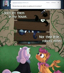 Size: 1000x1144 | Tagged: safe, artist:r perils, character:scootaloo, character:sweetie belle, oc, oc:ipsywitch, species:pegasus, species:pony, meanie belle, ask ipsywitch, cigarette, hammer, scootabot, smoking, tentacles, tumblr