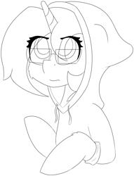 Size: 4143x5432 | Tagged: safe, artist:skylarpalette, oc, oc only, oc:skylar palette, species:pony, species:unicorn, g4, black and white, bust, cheek fluff, clothing, concerned, fluffy, glasses, grayscale, half body, hood up, hoodie, horn, long mane, looking up, monochrome, simple background, sketch, tired, transparent background, unicorn oc
