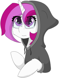 Size: 4143x5432 | Tagged: safe, artist:skylarpalette, oc, oc only, oc:skylar palette, species:pony, species:unicorn, g4, clothing, concern, female, full color, glasses, hoodie, horn, looking up, mare, pink, pink eyes, pink mane, simple background, simple shading, tired, transparent background, unicorn oc, white fur