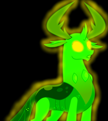 Size: 3083x3454 | Tagged: safe, artist:mellow91, artist:sketchmcreations, edit, character:thorax, oc, oc:the supreme being, species:changedling, species:changeling, species:reformed changeling, episode:triple threat, g4, my little pony: friendship is magic, black background, changeling king, glowing eyes, possessed, possession, simple background, solo, vector, yellow eyes