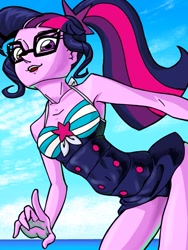 Size: 765x1018 | Tagged: safe, artist:dadss_rootbeer, artist:xjleiu, character:twilight sparkle, character:twilight sparkle (scitwi), species:eqg human, g4, my little pony: equestria girls, my little pony:equestria girls, blue swimsuit, clothing, female, glasses, looking at you, ocean, one-piece swimsuit, pixiv, ponytail, sky, sleeveless, solo, striped swimsuit, swimsuit, tricolor swimsuit