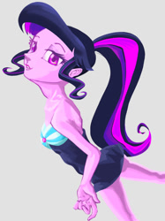 Size: 755x1012 | Tagged: safe, artist:dadss_rootbeer, artist:xjleiu, character:twilight sparkle, character:twilight sparkle (scitwi), species:eqg human, g4, my little pony: equestria girls, my little pony:equestria girls, clothing, female, gray background, looking at you, missing accessory, no glasses, one-piece swimsuit, pixiv, ponytail, simple background, solo, striped swimsuit, swimsuit, tricolor swimsuit