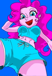 Size: 709x1022 | Tagged: safe, artist:dadss_rootbeer, artist:xjleiu, character:pinkie pie, species:eqg human, g4, my little pony:equestria girls, belly button, breasts, clothing, female, looking at you, pixiv, shorts, smiling, smiling at you, solo, tank top