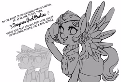 Size: 3496x2362 | Tagged: safe, artist:taytinabelle, species:pegasus, species:pony, g4, 4chan, black and white, blazer, clothing, cute, dialogue, drawthread, ear fluff, female, grayscale, hat, high res, looking at you, mare, monochrome, pilot, request, requested art, simple background, sketch, smiling, spread wings, stewardess, sweater, text, turtleneck, uniform, vintage, white background, wings