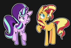 Size: 2800x1875 | Tagged: safe, artist:kindakismet, character:starlight glimmer, character:sunset shimmer, species:pony, species:unicorn, g4, black background, cute, duo, female, glimmerbetes, raised leg, shimmerbetes, simple background, smiling