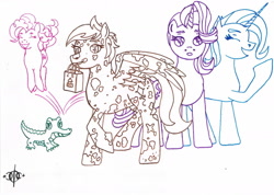 Size: 1620x1156 | Tagged: safe, artist:assertiveshypony, character:gummy, character:pinkie pie, character:starlight glimmer, character:trixie, oc, oc:dusty sandwind, species:earth pony, species:pegasus, species:pony, species:unicorn, g4, alligator, bag, cutie mark, drawing, simple background, traditional art, white background