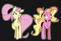 Size: 2800x1875 | Tagged: safe, artist:kindakismet, character:fluttershy, character:luster dawn, species:pegasus, species:pony, species:unicorn, g4, black background, duo, female, simple background, smiling