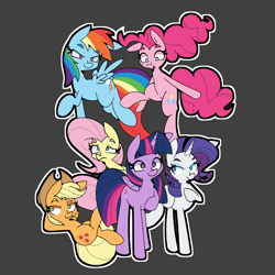 Size: 4000x4000 | Tagged: safe, artist:kindakismet, character:applejack, character:fluttershy, character:pinkie pie, character:rainbow dash, character:rarity, character:twilight sparkle, character:twilight sparkle (alicorn), species:alicorn, species:earth pony, species:pegasus, species:pony, species:unicorn, g4, applejack's hat, clothing, cowboy hat, female, gray background, hat, mane six, mare, simple background, smiling