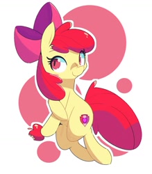 Size: 1280x1463 | Tagged: safe, artist:kindakismet, character:apple bloom, species:earth pony, species:pony, g4, adorabloom, apple, apple bloom's bow, bitten apple, bow, cute, female, food, hair bow, looking at you, simple background, smiling, smiling at you, solo