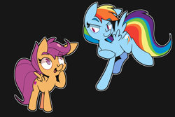 Size: 2800x1875 | Tagged: safe, artist:kindakismet, character:rainbow dash, character:scootaloo, species:pegasus, species:pony, g4, backwards cutie mark, black background, duo, duo female, female, filly, mare, simple background