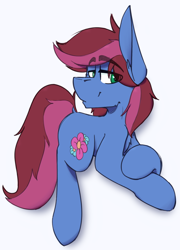 Size: 778x1080 | Tagged: safe, artist:kirbirb, oc, oc only, oc:blue petal, species:earth pony, species:pony, g4, art trade, chest fluff, dock, ear fluff, eyebrows, eyebrows visible through hair, lidded eyes, looking at you, male, simple background, smiling, smirk, solo, stallion, white background