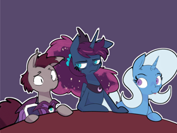 Size: 4000x3000 | Tagged: safe, artist:kindakismet, character:princess luna, character:trixie, oc, oc:kevin the nightguard, species:alicorn, species:bat pony, species:pony, species:unicorn, luna-afterdark, g4, bat pony oc, bat wings, female, male, mare, night guard, stallion, table, tongue out, wings