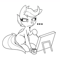 Size: 1280x1209 | Tagged: safe, artist:kindakismet, character:scootaloo, species:pegasus, species:pony, g4, ..., best pony, black and white, canvas, dexterous hooves, drawing, female, filly, grayscale, lineart, monochrome, mug, pencil, solo