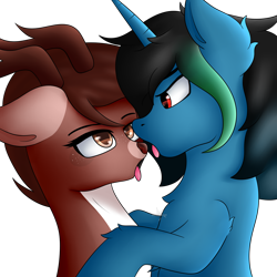 Size: 1280x1280 | Tagged: safe, artist:drarkusss0, oc, oc:ali linner, oc:drarkusss, oc:waifu, species:deer, species:pony, species:unicorn, g4, couple, hug, kissing, looking at you, photo, staring into your soul, tongue out