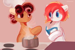 Size: 3000x2000 | Tagged: safe, artist:_mpiesocks, oc, oc only, oc:margaret pie-socks, oc:spectrum beam, species:pegasus, species:pony, g4, book, cooking, duo, high res, looking at each other, mouth hold, pegasus oc, wings