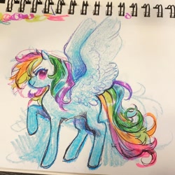 Size: 1440x1440 | Tagged: safe, artist:costly, character:rainbow dash, species:pegasus, species:pony, g4, crayon drawing, female, highlighter drawing, mare, no pupils, pen drawing, simple background, sketch, solo, traditional art, white background