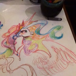 Size: 720x720 | Tagged: safe, artist:costly, character:princess celestia, species:alicorn, species:pony, g4, crayon drawing, crown, female, jewelry, regalia, sketch, solo, traditional art