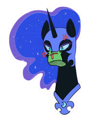 Size: 2247x2703 | Tagged: safe, artist:taytinabelle, character:nightmare moon, character:princess luna, species:alicorn, species:pony, g4, angry, bust, clothing, cross-popping veins, cute, female, silly, simple background, slippers, solo, white background