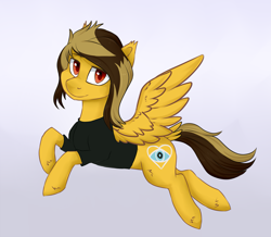 Size: 2029x1771 | Tagged: safe, artist:haruhi-il, species:pegasus, species:pony, g4, alex gaskarth, all time low, butt fluff, clothing, commission, dyed mane, dyed tail, ear fluff, flying, gradient background, hoof fluff, looking at you, male, ponified, shirt, solo, spread wings, stallion, t-shirt, tail feathers, wings, ych result