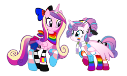 Size: 1800x1080 | Tagged: safe, artist:flipwix, character:princess cadance, character:princess flurry heart, species:alicorn, species:pony, g4, agender pride flag, alternate hairstyle, asexual pride flag, bandana, belt, bisexual pride flag, bow, clothing, ear piercing, earring, eyeshadow, face paint, female, gay pride, gay pride flag, genderfluid pride flag, genderqueer pride flag, hair bow, horn, horn ring, jewelry, lesbian pride flag, looking at each other, makeup, mare, mother and child, mother and daughter, nonbinary pride flag, older, older flurry heart, pansexual pride flag, piercing, polyamory pride flag, pride, pride flag, rainbow socks, raised hoof, ring, scarf, simple background, skirt, socks, straight pride flag, striped socks, striped sweater, sweater, tail bow, transgender pride flag, transparent background, wall of tags, wristband