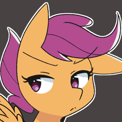 Size: 1200x1200 | Tagged: safe, artist:kindakismet, character:scootaloo, species:pegasus, species:pony, g4, black background, bust, ear down, female, filly, portrait, simple background, solo