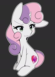 Size: 1280x1792 | Tagged: safe, artist:kindakismet, character:sweetie belle, species:pony, species:unicorn, g4, black background, ear down, female, filly, simple background, sitting, solo