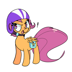 Size: 2500x2500 | Tagged: safe, artist:kindakismet, character:scootaloo, species:pegasus, species:pony, g4, bag, cute, cutealoo, exclamation point, female, filly, helmet, high res, open mouth, saddle bag, simple background, solo, white background