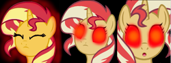 Size: 1849x685 | Tagged: safe, artist:mellow91, edit, edited screencap, screencap, character:sunset shimmer, g4, black background, eyes closed, female, glowing eyes, open mouth, possessed, possession, profile, red eyes, simple background, solo